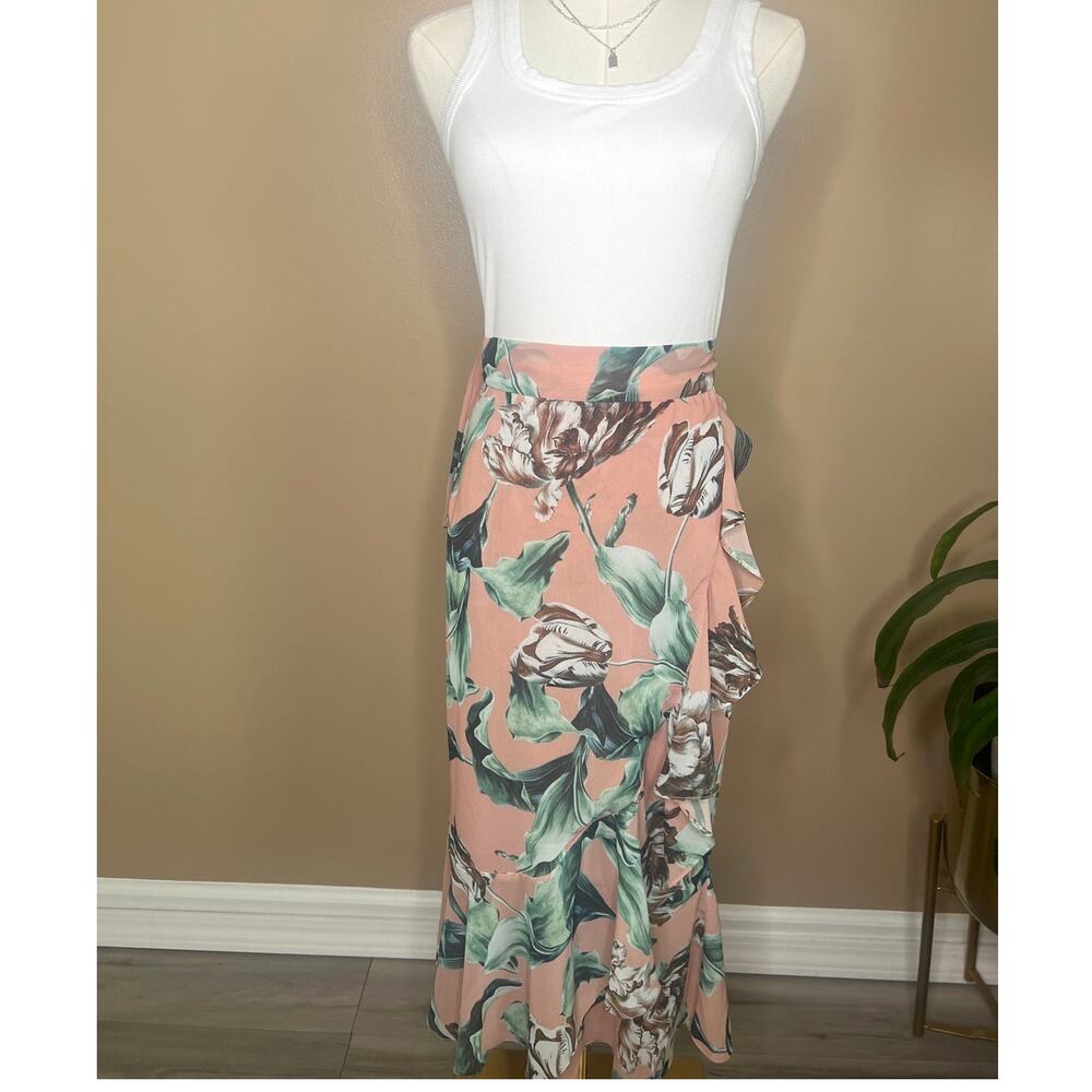PatBO Floral Wrap Midi Ruffle Skirt Size 6 Pink Tropical